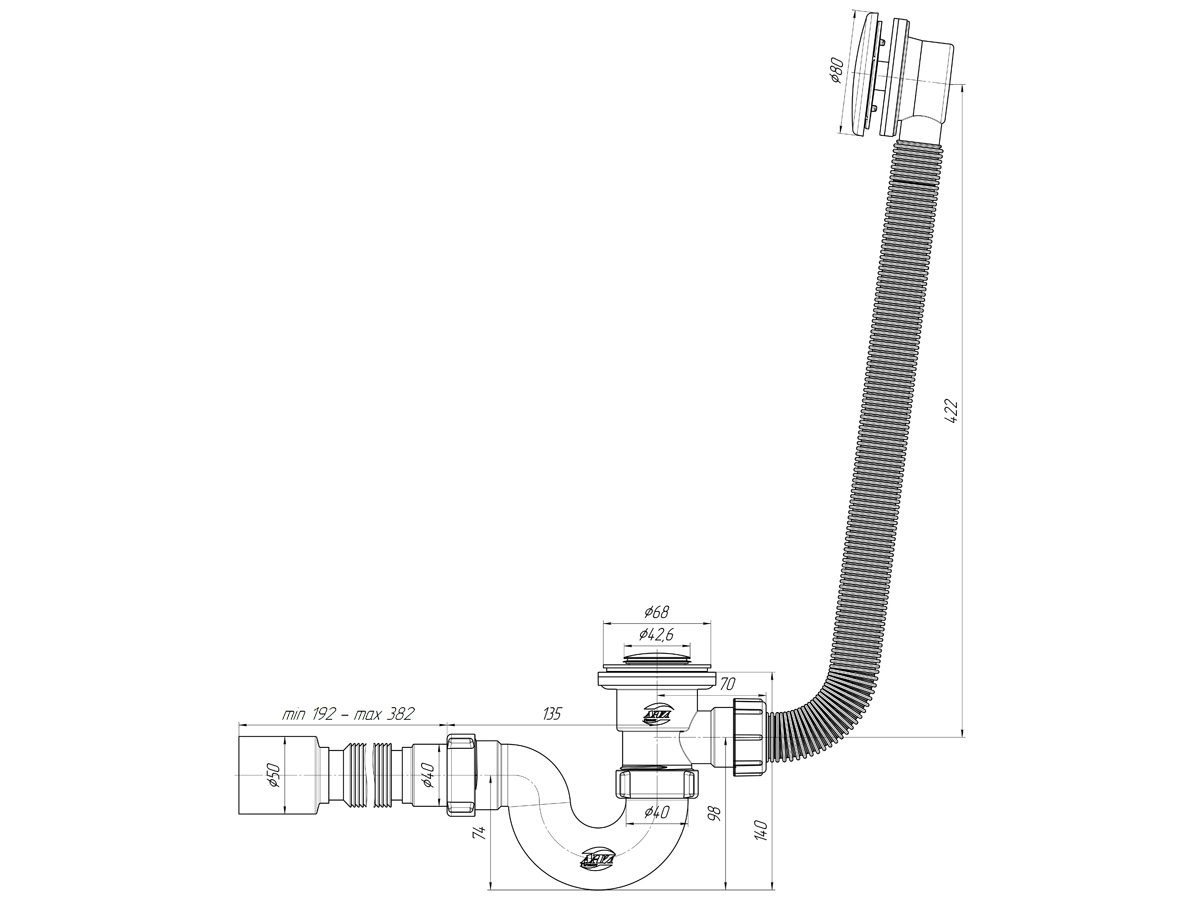 Обвязка д/ванны АНИ EC155S клик-клак гофра 192-382мм 50 сетка