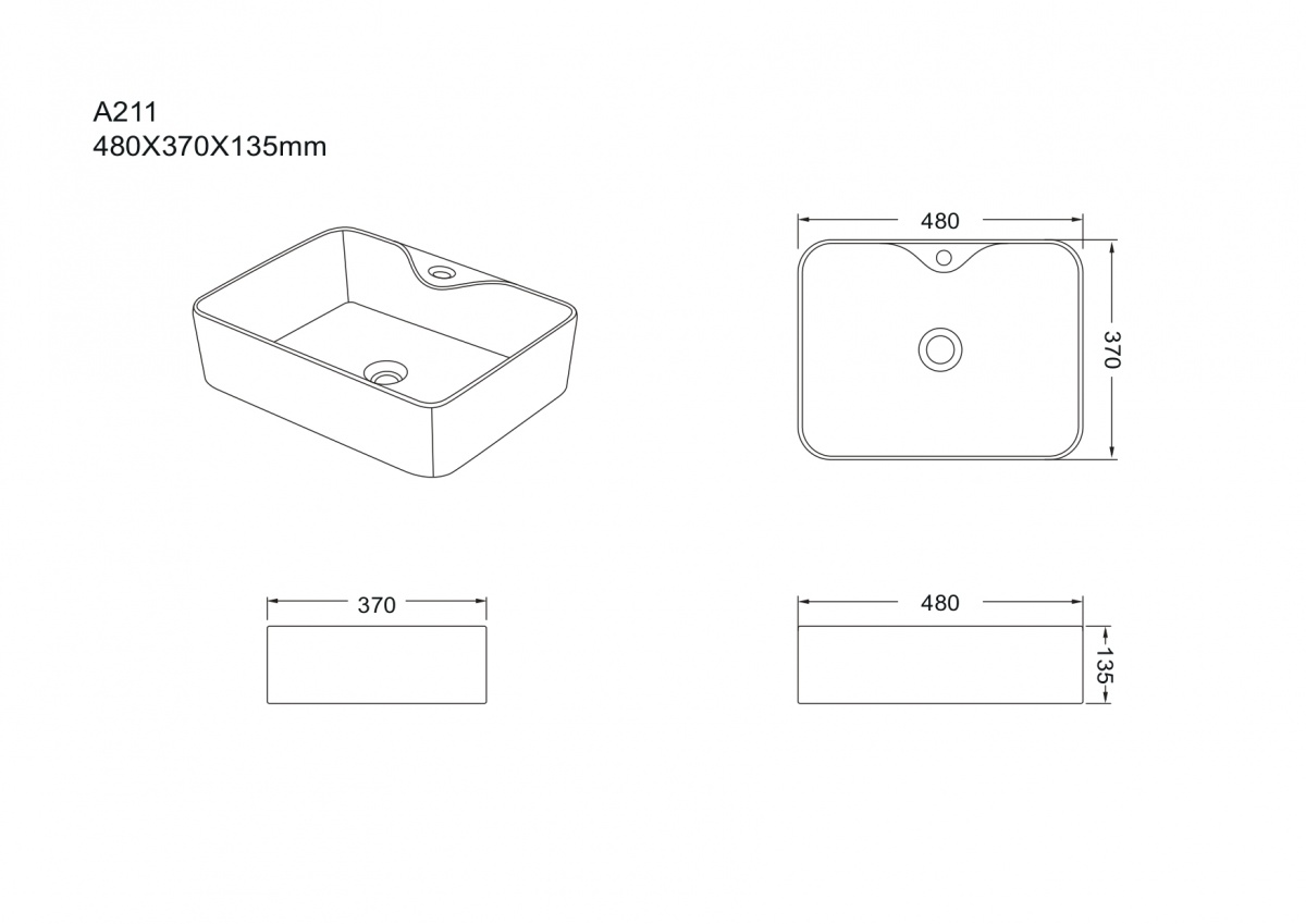 Умывальник накладной A211 прямоугольный без перелива 480х370х135мм