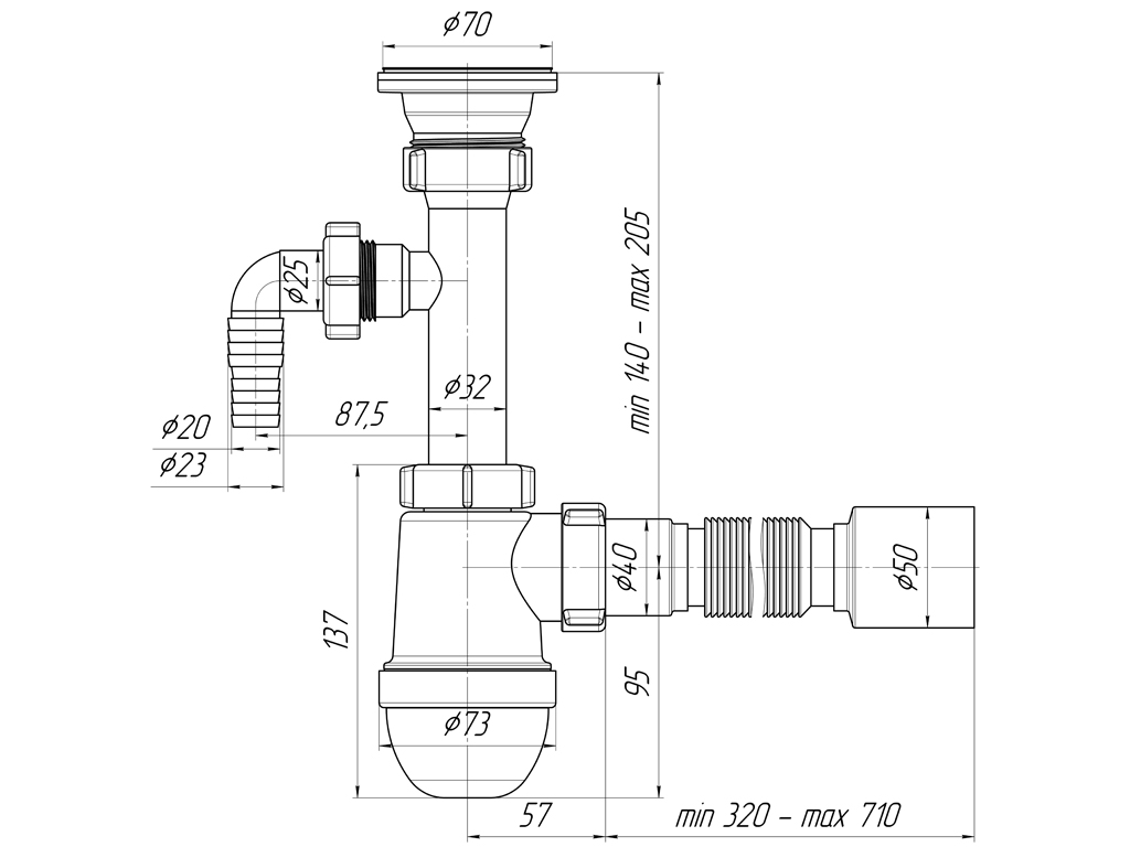 Сифон 1 1/2" АНИ С0310 с отводом гофра 320-710мм 50