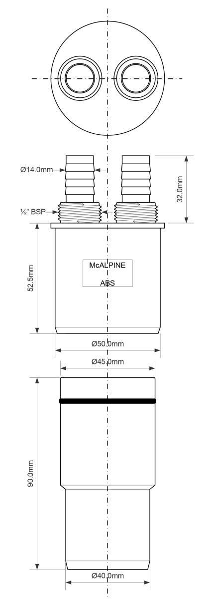 Адаптер д/подкл слива быт/техн с 2-мя прямыми отводами  McAlpine WFH-CON4050
