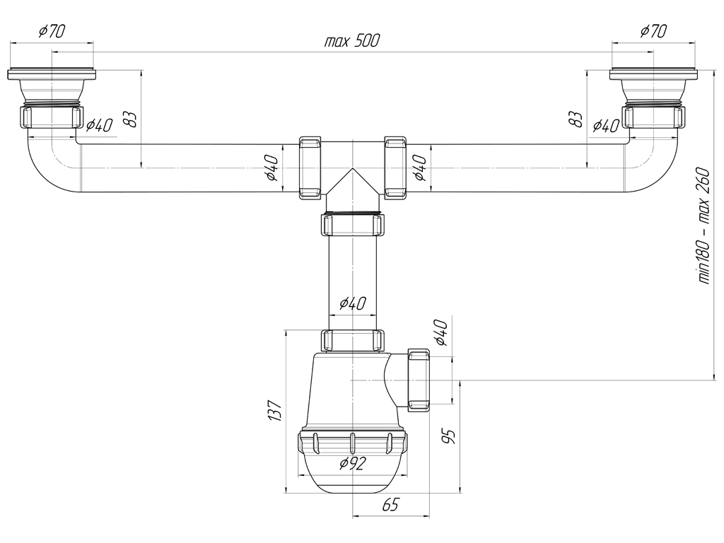 Сифон 1 1/2" АНИ А3000 двойной б/гофры
