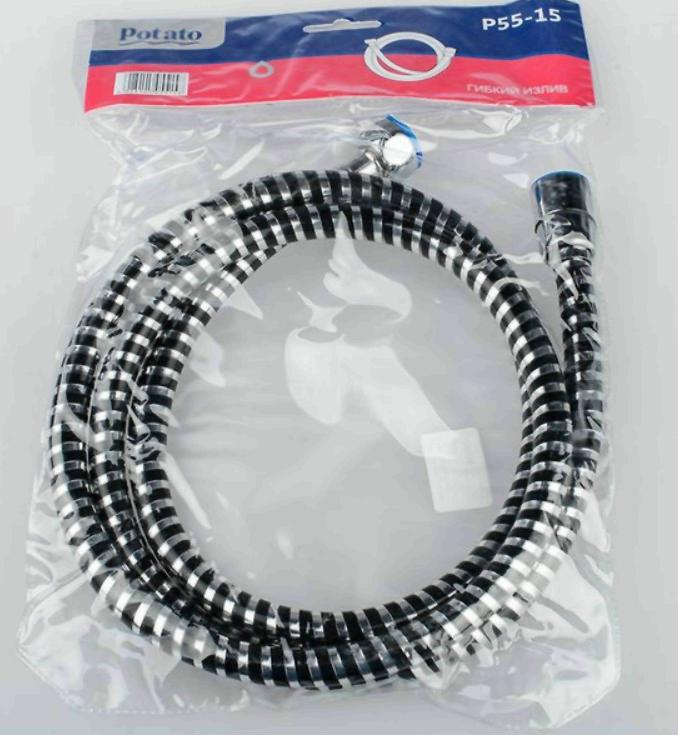 Шланг душевой Potato P55-15 ПВХ 150см хром/черный