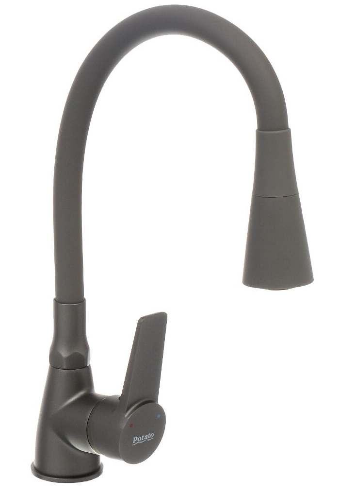 Смеситель кухня шар Potato P58155QH бок руч гибкий излив лейка 35мм серый графит