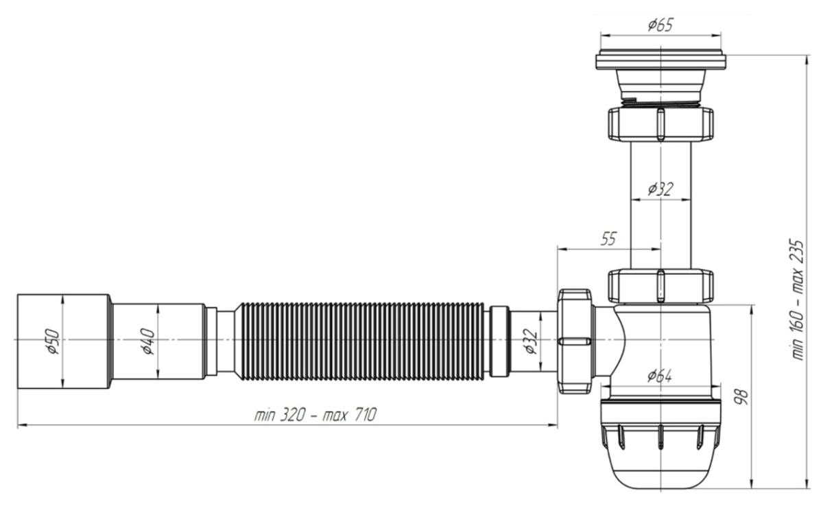 Сифон  1 1/4" АНИ ЮНГ ВМ1016 гофра 320-710мм 40/50